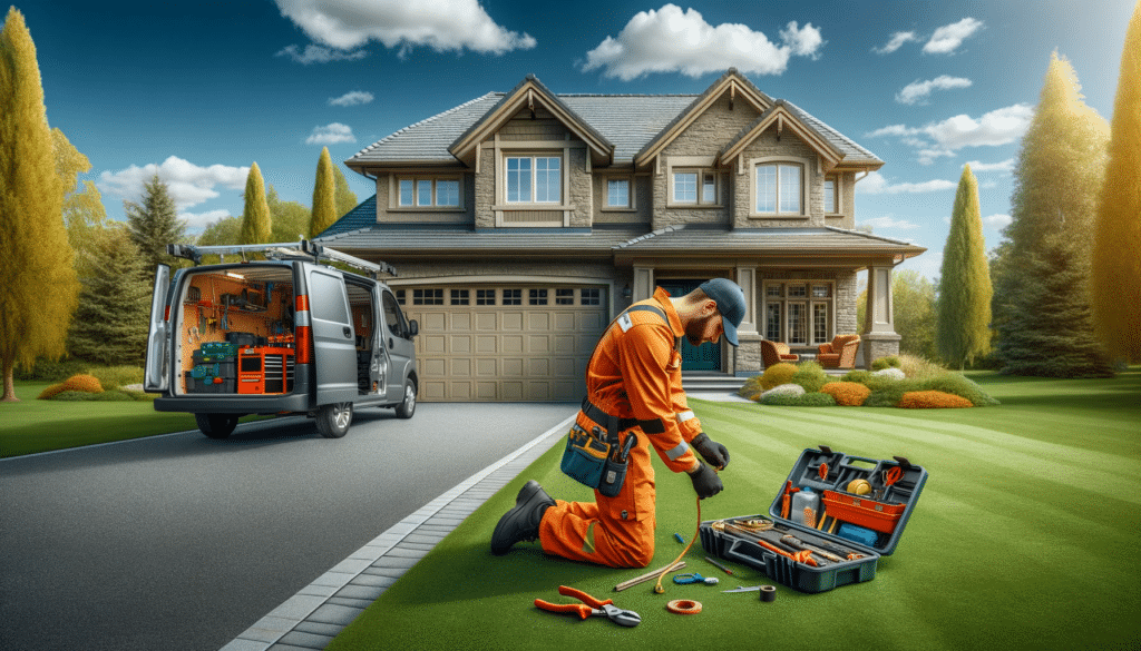 DALL·E 2023 10 31 20.19.00 Realistic photo with a 16 9 aspect ratio of a garage door technician, wearing an orange jumpsuit uniform and safety gear, working diligently on fixing